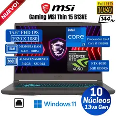 MSI - Laptop Thin 15 B13VE 15.6” FHD IPS, Core i7-13620H, Ram 16GB, Ssd 512GB, Rtx 4050 6GB, Win 11