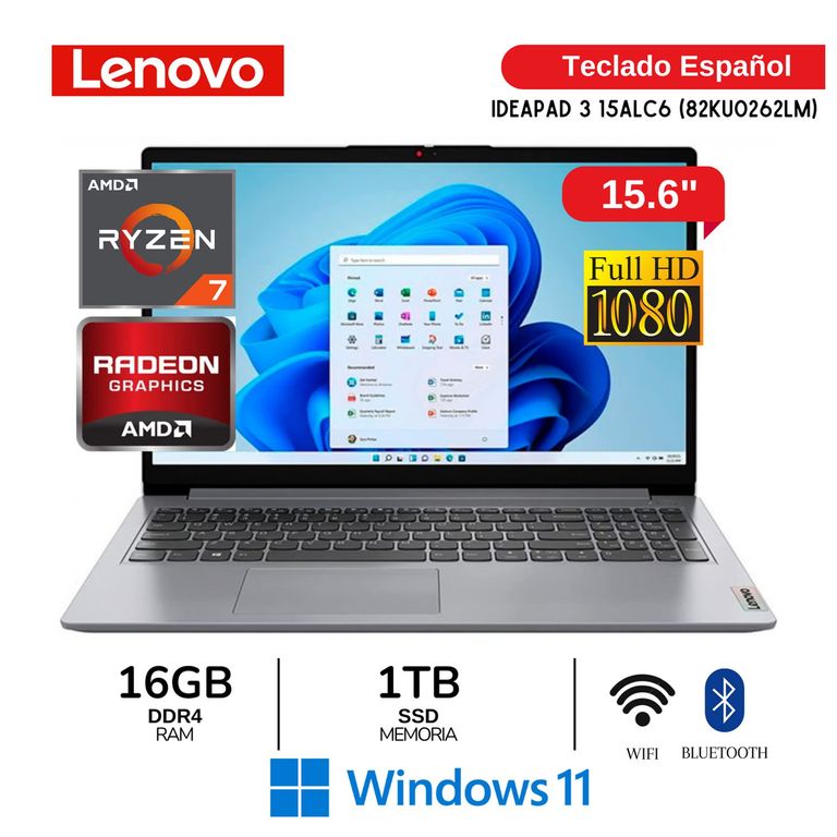 Laptop IdeaPad 3 15ALC6 AMD Ryzen7-5700U 16GB RAM 1TB SSD 15.6" FHD Windows 11 82KU0262LM