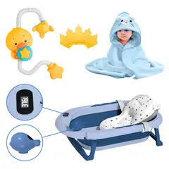BUYPAL - Pack de Baño para Bebés Bañera Plegable y Accesorios Azul