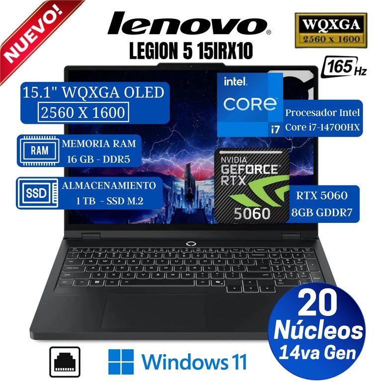 Laptop Legion 5 15IRX10 15.1” WQXGA OLED, Core i7-14700HX, Ram 16GB, SSD 1TB, Rtx 5060, Win11
