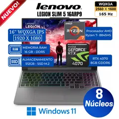 Laptop Legion Slim 5 16AHP9 16” WQXGA, Ryzen 7-8845HS, Ram 16GB, SSD 512GB, Rtx 4070, Win 11