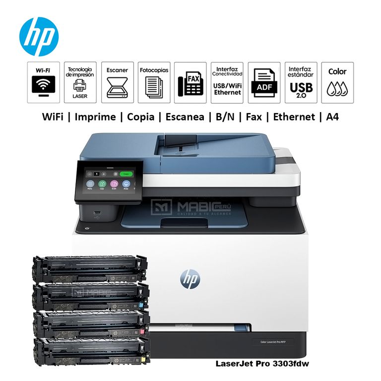 Impresora Multifuncional Color LaserJet Pro 3303fdw Duplex Wifi Red ADF FAX