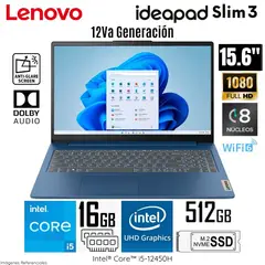 LENOVO - Laptop IdeaPad Slim 3 15IAH8 Intel Core i5-12450H 16GB RAM 512GB SSD 15.6” FHD - 83ER001DLM