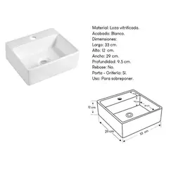 XM - Bowl Lavabo Ovalin de Loza Cuadrado Blanco