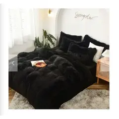 GENERICO - EDREDÓN PIEL DE OSO DOS PLAZAS + 2 FUNDAS DE ALMOHADA NEGRO