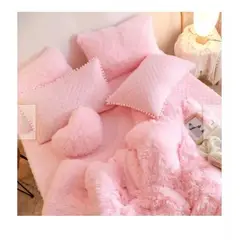 GENERICO - EDREDÓN PIEL DE OSO DOS PLAZAS + 2 FUNDAS DE ALMOHADA ROSADO BEBÉ