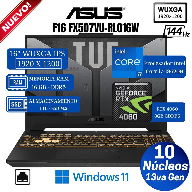Laptop TUF F16 FX607VU-RL016W 16" WUXGA IPS, Core i7-13620H, Ram 16GB, Ssd 1 TB, Rtx 4050 6GB