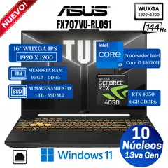 ASUS - Laptop TUF F16 FX607VU-RL091 16" WUXGA IPS, Core i7-13620H, Ram 16GB, Ssd 1 TB, Rtx 4050 6GB