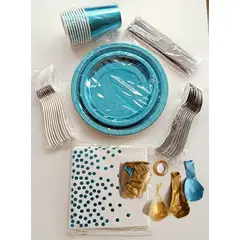 GENERICO - SET Fiesta Descartables 10Vasos+20Platos+20 servilletas+30cubiertos+Globos