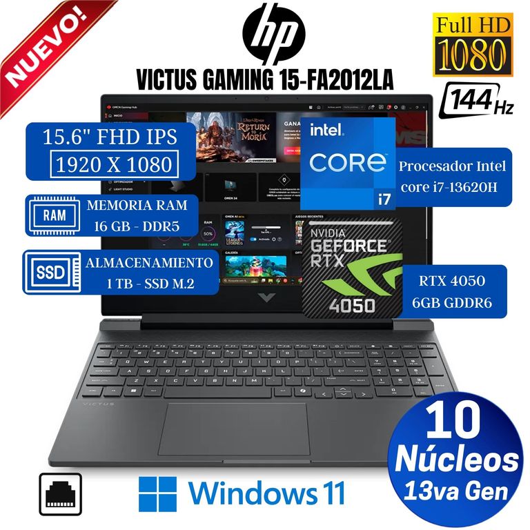 Laptop Victus Gaming 15-fa2012la 15.6” FHD IPS, Core i7-13620H, Ram16GB, Ssd 1TB, Rtx 4050, Win11