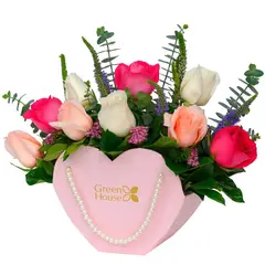 GREEN HOUSE FLORERIA - Arreglo de 9 Rosas Naturales en Cartera Rosada Corazón
