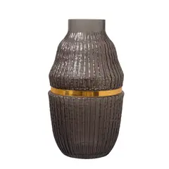 PANADECOR - Florero Texturizado Gris Con Detalle Dorado De Vidrio 32Cm