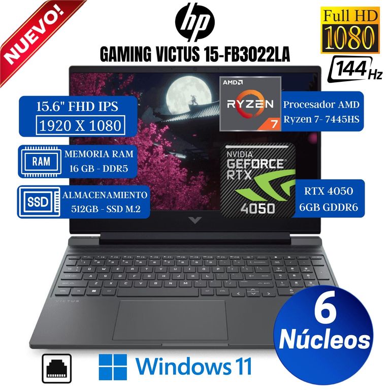 Laptop Victus 15-FB3022LA 15.6” FHD IPS, Ryzen 7-7445HS, Ram 16GB, SSD 512GB, Rtx 4050 6GB, Win11