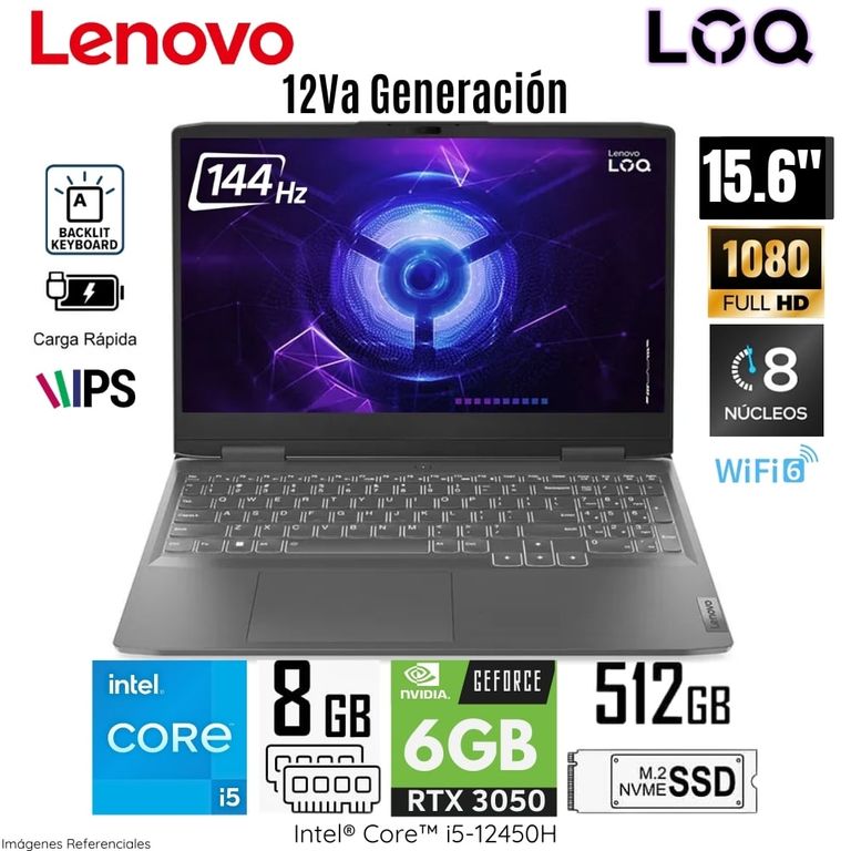 Laptop LOQ 15IRH8 Intel Core i5-12450H 8GB RAM 512GB SSD 15.6" FHD RTX3050-6GB - 82XV00T8LM