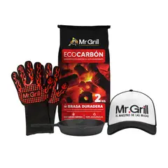 MR GRILL - Pack Guantes de Fuego + Gorro + Sartén de Hierro 16 cm + EcoCarbón 2kg