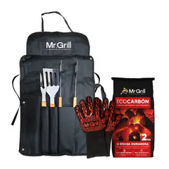 MR GRILL - Pack Mandil por 3 pzas + Eco Carbón Ecológico 2kg + Guantes de Fuego