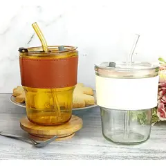 GENERICO - Taza de Vidrio con sorbete 400 ml Marrón