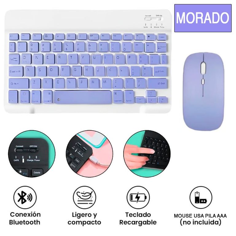 Kit Teclado Y Mouse Bluetooth Morado Recargable Pc Tablet iPad Morado
