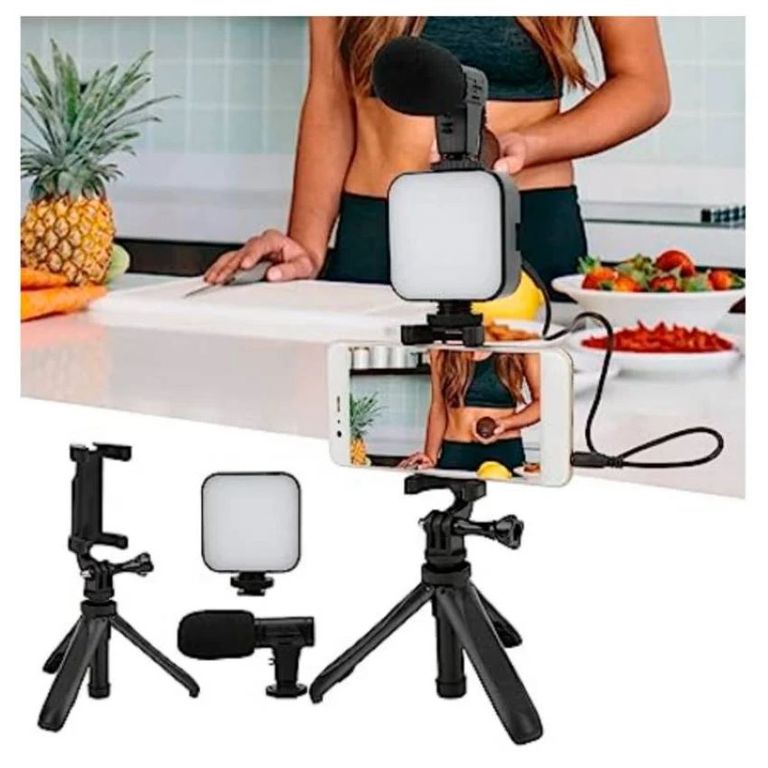 KIT DE GRABACIÓN TRIPODE MICRÓFONO LUZ LED CONTROL MODELO PRIME