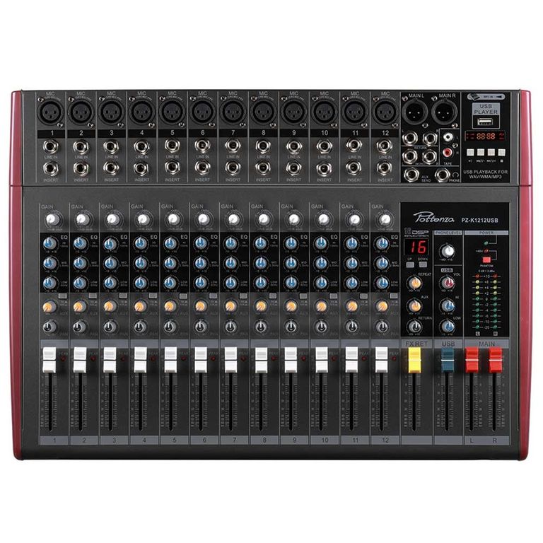 Pottenza PZ-K1212USB Mezcladora de Audio de 12 canales con USB