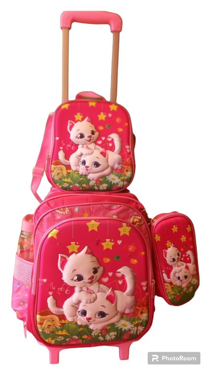 MOCHILA GATITOS + LONCHERA + CARTUCHERA CON LUCES 3D CON RUEDAS