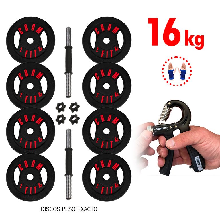 Kit Equipado Pesas 16kg Mancuernas Hand Grip Regul+Guantes