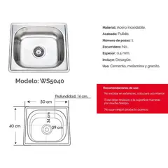 XM - Lavadero de Cocina 40cmx 50cm 1 Poza Acero Inoxidable