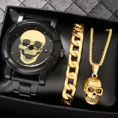 GENERICO - RELOJ CALAVERA DORADO+COLLAR Y PULSERA
