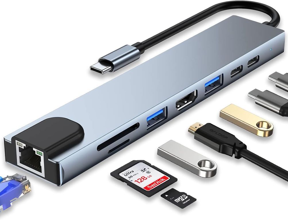 Adaptador Multifuncional 8 En 1 USB HDMI Ethernet Sd Tipo C