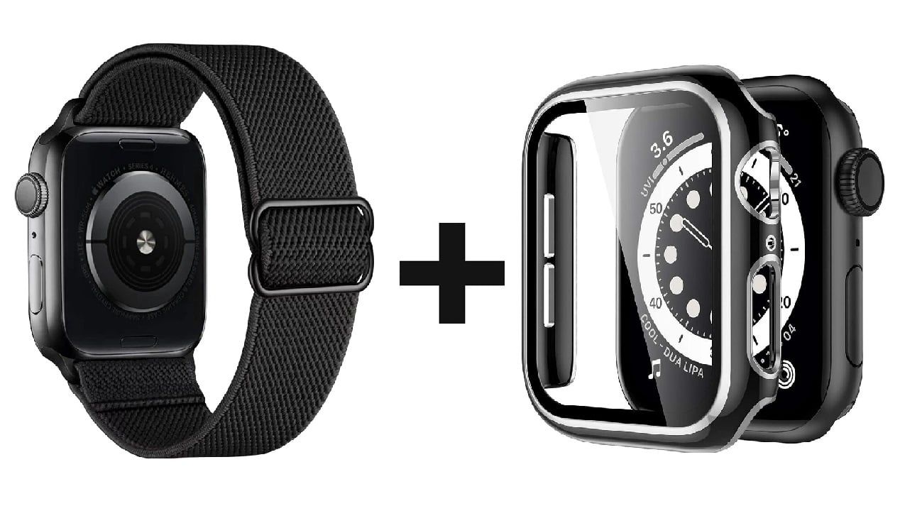 CORREA NYLON + BUMPER PARA APPLE WATCH NEGRO BORDE PLATEADO 40 MM