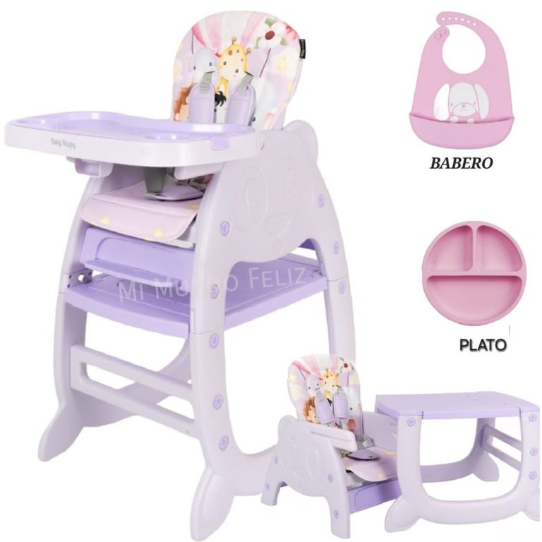 Silla de Comer con Mesa Recreativa con Babero y Plato Morado