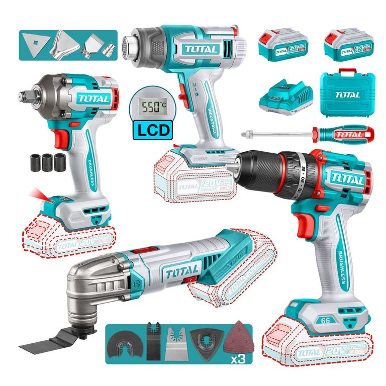 Taladro percutor 66nm + llave de impacto + pistola de calor + Herramienta Multifuncion Total