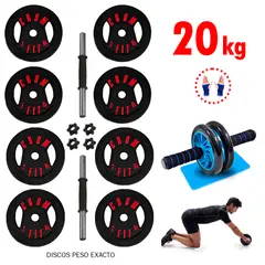 HOLGU - Set Pesas 20kg - 4 discos de 3kg 4 discos de 2kg + Mancuernas PVC + Rueda AB Roller + Guantes gratis