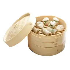 GENERICO - Vaporera De Bambu de 2 Piso Con Tapa 18cm diam 3pza