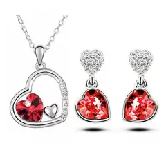 GENIEKA - Set de Collar + Aretes Corazón Rojo Bisuteria San Valentín
