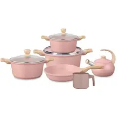 ALEMANGRUNF - Juego de Olla de Roca Volcánica Antiadherente y Liviana 10 Piezas Rosa