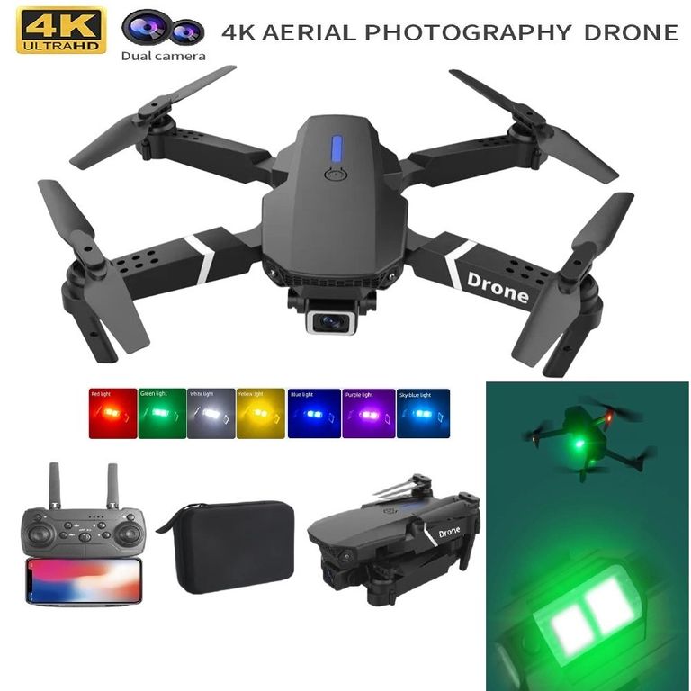 Dron E88 PRO 4K Original + Luz LED RGB Cámara HD Plegable WiFi