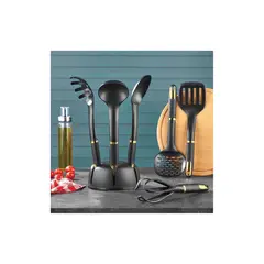 VIP AHMET - Set de utensilios de cocina con soporte, negro con dorado 6 piezas