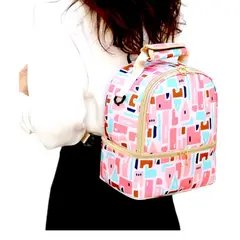 GENERICO - Lonchera térmica doble compartimento color coral con figuras