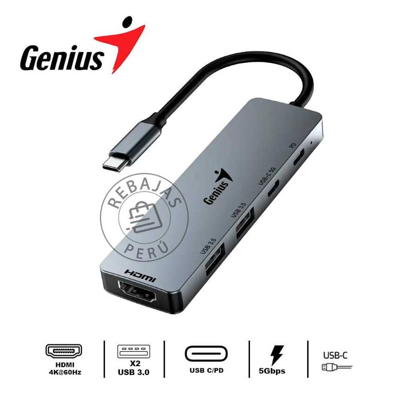 Hub USB-C 5 en 1 con HDMI 4K, USB 3.0 y Carga 100W Compacto