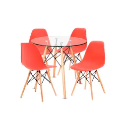 OFIDEAS - Juego De Comedor Eames 4 Personas Mesa Vidrio Y Silla Rojo