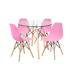 OFIDEAS - Juego De Comedor Eames 4 Personas Mesa Vidrio Y Silla Rosado
