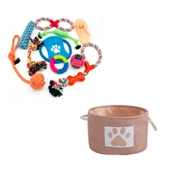 QUE PATAS PET SHOP - Cesta de Juguetes + Pack de 10 Juguetes de Cuerda