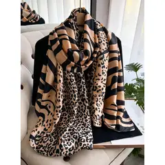 KAST PE - Bufanda Pashmina Savanna Beige y Negro con estampado Animal Print