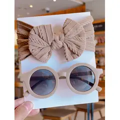 GENERICO - Gafas de sol redondas y lazo de algodón para niña Caqui