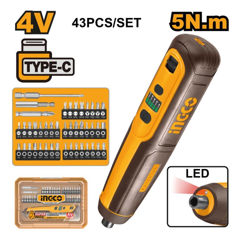 DESTORNILLADOR INALÁMBRICO INGCO 4V 5NM + 43 ACCESORIOS CSDLI04062