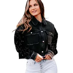 TIOZONEY - Chaqueta vaquero corta para mujeres - Negro
