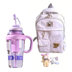 GENERICO - Mochila Kawaii porta laptop diseño Osito crema más botella tomatodo