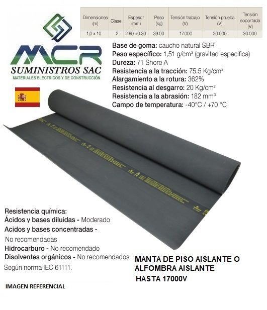 Alfombra dieléctrica de piso de 1x10mts hasta 17000V CLASE 2 EUROPEO