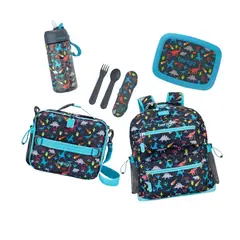 BENTGO - Set Mochila Escolar, Lonchera, Porta Lonchera, Cubiertos y Tomatodo - Dinosaurio